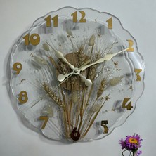Pelince - Kurutulmuş Doğal Başaklı Epoksi Duvar Saati - 30  cm  - Gold Seri