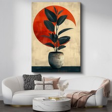 Minimalist Bitki - Kırmızı Daire Fonlu Saksılı Yaprak Kanvas Tablo