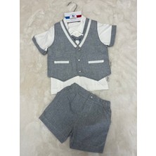 Nurcan Bebe Cepkenli Keten Şortlu Gömlekli  Üçlü Takım