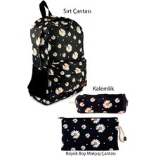 Ketnez 3'lü Set Papatya Desenli Sırt Çantası Kalemlik Makyaj Çantası Büyük Boy Makyaj Çantası