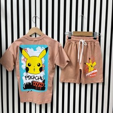 Kahverengi Pikachu Baskılı Yazlık Şortlu Erkek Çocuk Alt Üst Takım