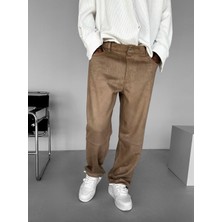 Erkek Baggy Geniş Kalıp Geniş Paça Süet Basic Pantolon Bej