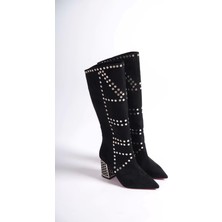 Kadın Elegant Ayakkabı Zımbalı Tasarım Kısa Topuklu Çizme Özel Tasarım Abiye Ayakkabı