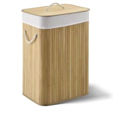 Mediterian Katlanabilir Bambu Kirli Çamaşır Kutusu, 100L, Bej, İpli Saplı, Hafif ve Şık Tasarım