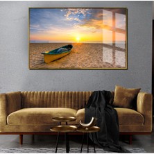 yaz Manzaralı Sarı Sıcak Renkler Kayık Model|çerçeveli Temperli Cam Tablo Tekli Yatay