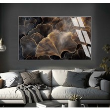 siyah-Gold Yaprak Şekil 1|çerçeveli Temperli Cam Tablo Tekli Yatay