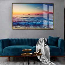 yaz Manzaralı Mavi Tonlar Günbatımı Model 1|çerçeveli Temperli Cam Tablo Tekli Yatay