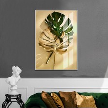 yeşil-Gold Yaprak Desenli Model|çerçeveli Temperli Cam Tablo Tekli Dikey