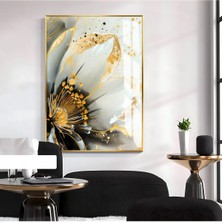 gold-Beyaz Çiçek Desenli Modeli 2|çerçeveli Temperli Cam Tablo Tekli Dikey