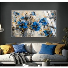 mavi-Sarı Çiçekli Soyut Modeli |çerçeveli Temperli Cam Tablo Tekli Yatay