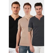 Buratti Pamuklu Düğme Detaylı Slim Fit V Yaka 3'lü Paket T Shirt Erkek T Shirt 5902122S3