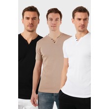Buratti Pamuklu Düğme Detaylı Slim Fit V Yaka 3'lü Paket T Shirt Erkek T Shirt 5902122S3