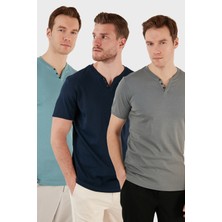 Buratti Pamuklu Düğme Detaylı Slim Fit V Yaka 3'lü Paket T Shirt Erkek T Shirt 5902122S3