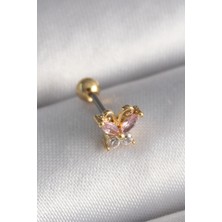 Yeni Xd Çelik Gold Renk Pembe Zirkon Taşlı Kelebek Tragus Piercing Kampanyalı