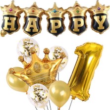 Happy Yazılı Gold Konfetili 1 Yaş Rakam Balon Set