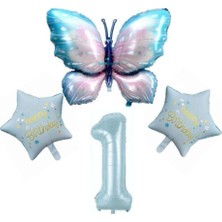 Mavi Kelebekli Happy Birthday 1 Yaş Folyo Balon Set