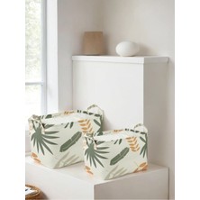 Mediterian Yeşil Yaprak Desenli 2'li Pamuklu Banyo ve Dolap İçi Düzenleyici Sepet