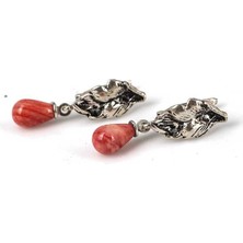 Nusret Takı 925 Ayar Gümüş Yaprak Model Damla Sallantılı Mercan Küpe