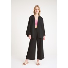 Barbora Yazlık Kimono Salaş Ikili Siyah Keten Takım