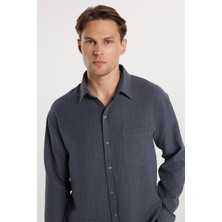 Erkek Relax Fit Rahat Kesim Pamuklu Keten Doku Tek Cepli gri Gömlek