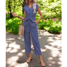 Yazlık V Yaka Düğmeli Keten Lacivert Tulum