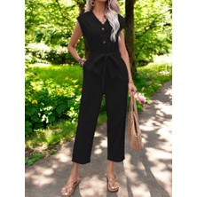 Barbora Yazlık Tek Sıra Düğmeli V Yaka Keten Tulum