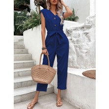 Barbora Keten Kadın V Yaka Tek Sıra Düğmeli Kolsuz Lacivert Tulum