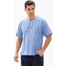 Eliş Şile Bezi Kısa Kol Şile Bezi Zımbalı Erkek Tshirt Mavi Beyaz Çizgili