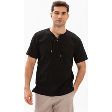 Eliş Şile Bezi Büyük Beden Kısa Kol Şile Bezi Zımbalı Erkek Tshirt Siyah