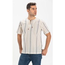 Eliş Şile Bezi Büyük Beden Kısa Kol Şile Bezi Zımbalı Erkek Tshirt Ekru Gri Çizgili