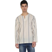 Eliş Şile Bezi Uzun Kol Şile Bezi Bisiklet Yaka Erkek Tshirt Ekru Gri Çizgili