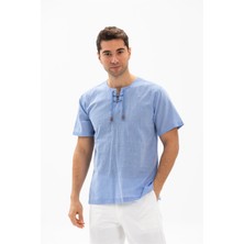 Eliş Şile Bezi Kısa Kol Şile Bezi Zımbalı Erkek Tshirt Mavi