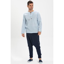 Büyük Beden Şile Bezi Uzun Kol Zımbalı Erkek Yazlık Tshirt Buz Mavi 3027