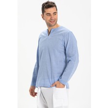 Eliş Şile Bezi Uzun Kol Şile Bezi Bisiklet Yaka Erkek Tshirt Mavi