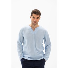 Eliş Şile Bezi Uzun Kol Şile Bezi Bisiklet Yaka Erkek Tshirt Buz Mavi