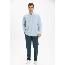 Eliş Şile Bezi Uzun Kol Şile Bezi Tek Cepli Hakim Yaka Erkek Tshirt Buz Mavi