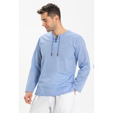 Büyük Beden Şile Bezi Uzun Kol Zımbalı Erkek Yazlık Tshirt Mavi 3032
