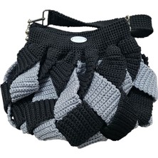 Gojo Handmade Siyah-Simli Gri Çapraz Şeritli Polyester Makrome Omuz Çantası