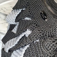 Gojo Handmade Siyah-Simli Gri Çapraz Şeritli Polyester Makrome Omuz Çantası