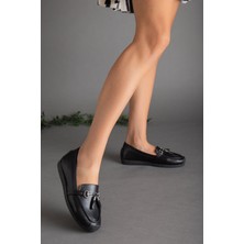 Dilimler Ayakkabı Püsküllü Cilt Siyah Kadın Günlük Ayakkabı