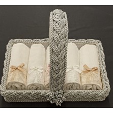 Mediterian Gri 30x50 cm 5'li pamuklu örgü sepet ve fiyonklu havlu seti