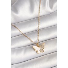 Gold Renk Zincir Zirkon Taşlı Beyaz Mineli Kelebek Model Kadın Kolye - EBJ250501W32718