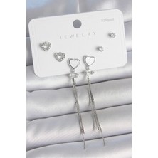 Pirinç Gümüş Sallantı Beyaz Mineli Kalp Model Zirkon Taşlı Kalp Detay 925 Ayar Gümüş Çivi Kadın Küpe Seti - EBJ250501W33551