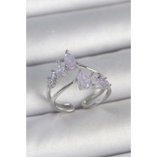 Pirinç Gümüş Renk Mor Damla Zirkon Taşlı Taç Model Kadın Yüzük - EBJ250501W33608