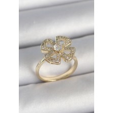 Pirinç Gold Renk Zirkon Taşlı Yonca Model Ayarlanabilir Kadın Yüzük - EBJ250501W33613
