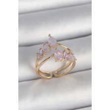 Pirinç Gold Renk Mor Damla Zirkon Taşlı Taç Model Kadın Yüzük - EBJ250501W33609