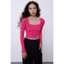 Sherin Fuşya Uzun Kollu Crop Triko Kazak SWK4500FU