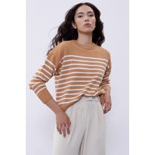 Sherin Camel Çizgili Bisiklet Yaka Triko Kazak SWK4371CA