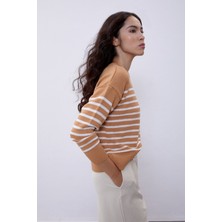 Sherin Camel Çizgili Bisiklet Yaka Triko Kazak SWK4371CA