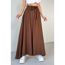 PNT-07410 Kahverengi Dokuma Kuşaklı Şalvar Etek Pantolon